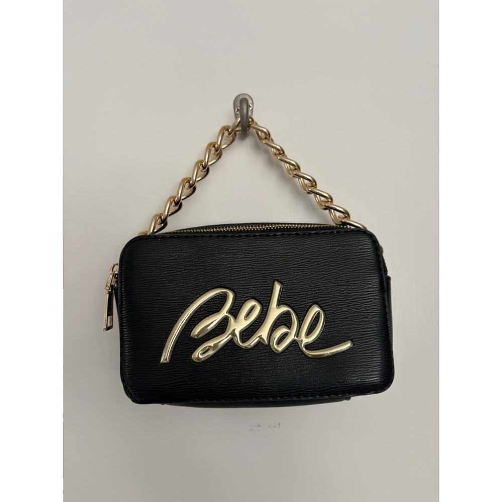 Bebe Black Mini Satchel Crossbody Bag Gold Logo Chain Detail Y2K Baddie